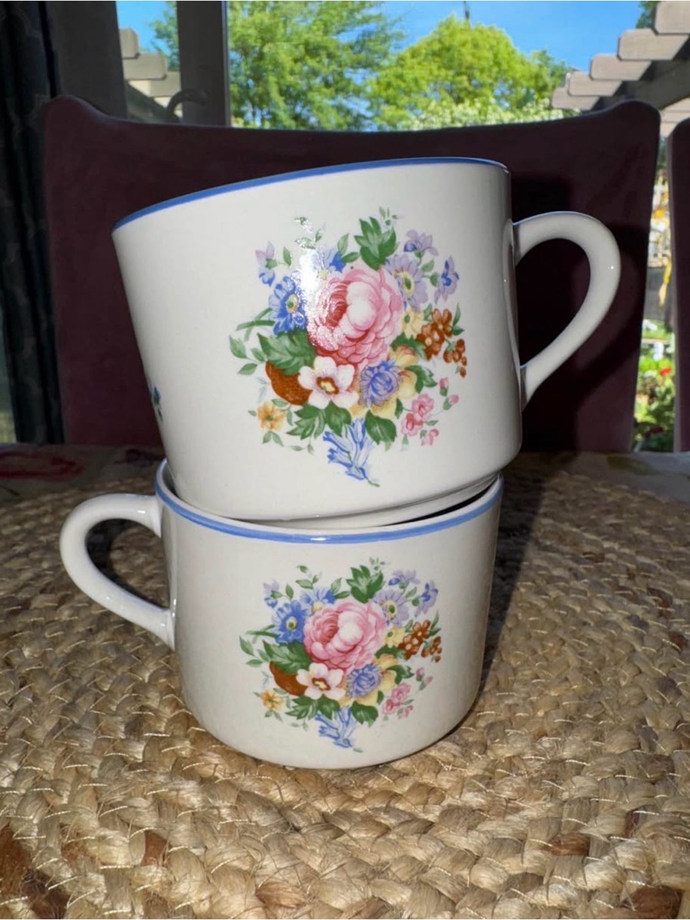 Floral Ceramic Teacup Set in White with Pink & Blue Flower Accents